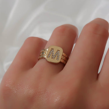 Gold Brick CZ Initial Ring